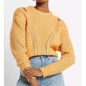 Express Cable Knit Crew Neck Cutout Sweater in the color Butterscotch Chunky MED